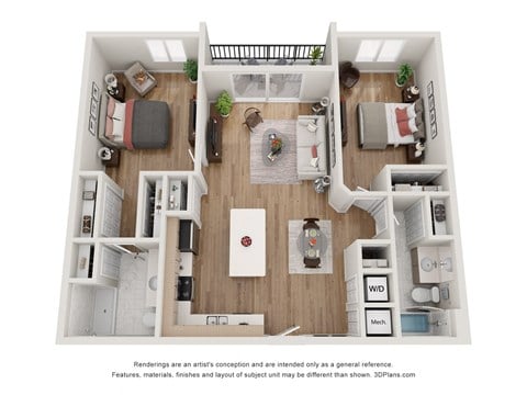 Floor plan for 2 beds, 2 baths, 1013 sqft